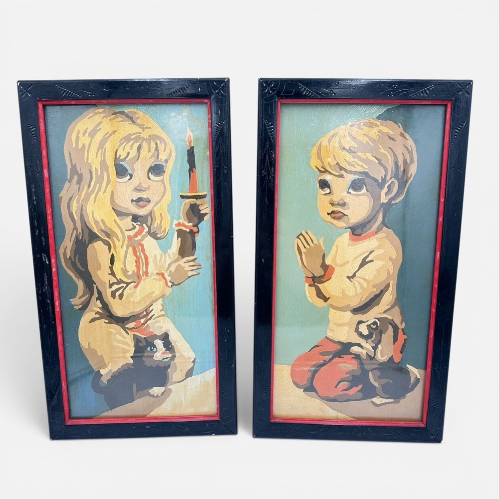 VTG Big Eye Paint By Number Set 2 Praying Child Candle Boy Girl Puppy Cat MCM